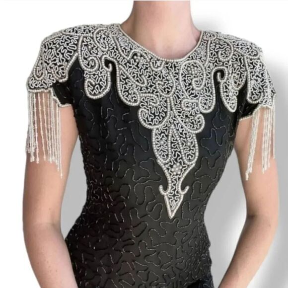 NEW 80s Vintage Lawrence Kazar 100% Silk Beaded and Pearls Evening Gown in Black - Picture 3 of 14